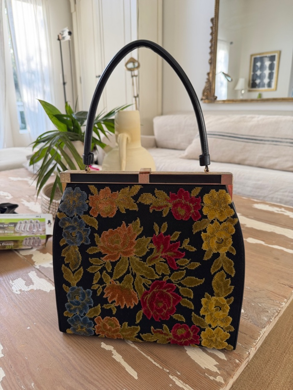 Vintage Black Needlepoint Floral Shoulder Bag with Multicolor Embroidery - Picture 2 of 7